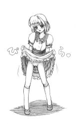 Rule 34 | 1girl, blush, bow, censored, cleft of venus, clothes lift, collarbone, dress, dress lift, eternal melody, full body, graphite (medium), greyscale, harumachi nagaaki, kneehighs, lemit mariena, monochrome, no panties, open mouth, puffy sleeves, pussy, shoes, simple background, smile, socks, solo, standing, traditional media, white background