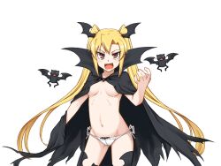 Rule 34 | 1girl, :d, aged up, areola slip, bat (animal), bat wings, black cloak, black thighhighs, blush, bmp-to-png conversion, breasts, cloak, cowboy shot, fangs, game cg, hair between eyes, hand up, head wings, jingai modoki, large breasts, long hair, looking at viewer, mon-musu quest!, navel, nearly naked cloak, non-web source, open mouth, panties, red eyes, side-tie panties, simple background, slit pupils, smile, solo, spoilers, thighhighs, transparent background, twintails, underwear, v-shaped eyebrows, v-shaped eyes, vampire, vanilla (mon-musu quest!), very long hair, white panties, wings