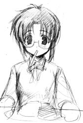 Rule 34 | 00s, 1girl, asaga aoi, blush, bow, bowtie, ciel (tsukihime), curry, flat chest, food, glasses, greyscale, monochrome, mouth hold, plate, school uniform, serafuku, short hair, simple background, sitting, sketch, solo, sweater vest, table, tsukihime