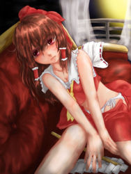 Rule 34 | 1girl, ascot, balcony, bare arms, bare shoulders, between legs, bow, brown hair, clothes pull, collarbone, couch, curtains, gohei, groin, hair bow, hair tubes, hakurei reimu, hand between legs, hand on thigh, head rest, indoors, light frown, lips, long hair, looking at viewer, ooyamakko, panties, pantyshot, red eyes, sarashi, side-tie panties, skirt, skirt pull, solo, touhou, underwear, upskirt, white panties