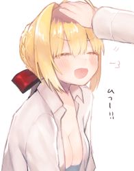 Rule 34 | &gt;:d, 10s, 1girl, :d, puff of air, ^ ^, blonde hair, blush, braid, breasts, cleavage, closed eyes, dress shirt, fate/extra, fate (series), french braid, hair ribbon, hand on another&#039;s head, headpat, medium breasts, munuko, nero claudius (fate), nero claudius (fate) (all), nero claudius (fate/extra), no bra, open clothes, open mouth, open shirt, out of frame, red ribbon, ribbon, shirt, sidelocks, smile, solo focus, upper body, v-shaped eyebrows