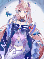 Rule 34 | 1girl, bare shoulders, blue choker, blue dress, blue hair, blush, choker, commentary request, dress, feet out of frame, frilled sleeves, frills, genshin impact, gloves, gradient background, grey gloves, highres, k o m i, long hair, long sleeves, looking at viewer, navel, off-shoulder dress, off shoulder, pink hair, purple eyes, sangonomiya kokomi, smile, solo, thighhighs, thighs, very long hair, white thighhighs, wide sleeves