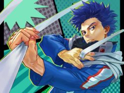 Rule 34 | 1boy, bags under eyes, between fingers, blue eyes, blue hair, boku no hero academia, commentary request, dotted background, fingernails, green background, highres, holding, holding clothes, holding scarf, letterboxed, long sleeves, male focus, mask, mask around neck, purple background, scarf, shinsou hitoshi, solo, spiked hair, striped, striped background, two-tone background, u.a. gym uniform, upper body, yomoyama yotabanashi