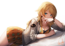 Rule 34 | 1girl, bed sheet, blonde hair, blue eyes, bracelet, breasts, character request, cleavage, collared shirt, copyright request, dutch angle, genyaky, hand to own mouth, jacket, jewelry, long hair, lying, miniskirt, necklace, on stomach, plaid, plaid skirt, shirt, signature, skirt, star (symbol), star necklace, swept bangs, thighs, white background, white jacket