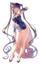 Rule 34 | 1girl, absurdly long hair, armpits, backlighting, bare shoulders, black dress, black footwear, blue eyes, blunt bangs, blush, breasts, china dress, chinese clothes, cleavage, covered navel, detached sleeves, dress, fate/grand order, fate (series), full body, hair ornament, hand up, high heels, highres, kanjy00u, large breasts, legs, long hair, looking at viewer, parted lips, purple hair, sidelocks, smile, solo, twintails, very long hair, yang guifei (fate), yang guifei (second ascension) (fate)