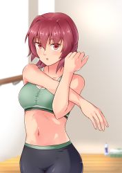 Rule 34 | 10s, 1girl, bare shoulders, bike shorts, blush, bottle, bra, breasts, folded clothes, hair between eyes, highres, kakiha makoto, kantai collection, kinu (kancolle), looking at viewer, midriff, navel, open mouth, red eyes, red hair, short hair, sleeveless, solo, sports bra, stretching, underwear, water bottle, wooden floor
