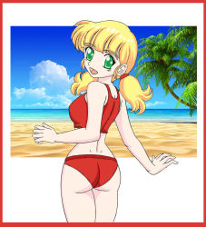 Rule 34 | beach, blonde hair, dic entertainment, green eyes, inspector gadget, palm tree, penny (inspector gadget), sky, smile, swimsuit, tree, twintails, white background