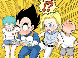 Rule 34 | !?, 2boys, 2girls, android 18, armor, black hair, blank eyes, blue shorts, bulging eyes, bulma, clenched hands, clenched teeth, commentary, dragon ball, dragonball z, emphasis lines, english commentary, eye pop, grey shorts, hand on own hip, highres, holding, holding magazine, husband and wife, kuririn, letterboxed, magazine (object), multiple boys, multiple girls, muscular, muscular male, open mouth, pants, pink mousse, pornography, reading, shirt, short hair, short shorts, shorts, standing, sweat, t-shirt, teeth, trembling, vegeta, white pants