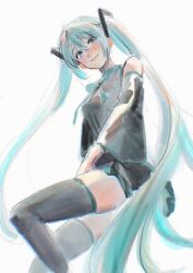 Rule 34 | 1girl, adochansukisuki, aqua hair, black skirt, black thighhighs, blush, breasts, closed mouth, detached sleeves, grey shirt, hair between eyes, hatsune miku, highres, long hair, long sleeves, looking at viewer, medium breasts, pleated skirt, shirt, skindentation, skirt, solo, thighhighs, twintails, very long hair, vocaloid, white background, wide sleeves, zettai ryouiki