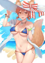 Rule 34 | 1girl, absurdres, animal ears, bare shoulders, beach, bikini, blue bikini, blush, bow, breasts, chumugi, cleavage, collarbone, commentary request, cosplay, ears through headwear, fate/grand order, fate (series), fox ears, fox tail, fujimaru ritsuka (female), hair between eyes, hair ornament, hat, hat bow, highres, jewelry, large hat, looking at viewer, medium breasts, navel, necklace, orange hair, outdoors, red bow, short hair, side-tie bikini bottom, skindentation, solo, swimsuit, tail, tamamo (fate), tamamo no mae (swimsuit lancer) (fate), tamamo no mae (swimsuit lancer) (fate) (cosplay), tamamo no mae (swimsuit lancer) (third ascension) (fate), water, white bow, white hat