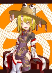 Rule 34 | 1girl, adapted costume, black leotard, blonde hair, blush, breasts, brown hat, china dress, chinese clothes, commentary request, dai zu san, detached sleeves, dress, facial tattoo, feet out of frame, floral print, hair ribbon, hat, highres, leotard, looking at viewer, medium bangs, medium hair, moriya suwako, ofuda, open mouth, panties, print dress, purple dress, red panties, red ribbon, ribbon, ribbon-trimmed sleeves, ribbon trim, side-tie panties, sideless outfit, sitting, small breasts, smile, solo, tattoo, thighhighs, touhou, underwear, white sleeves, white thighhighs, wide sleeves, yellow eyes