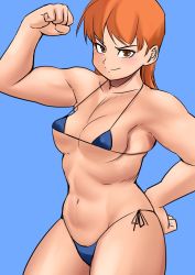 Rule 34 | 1girl, bare shoulders, bikini, breasts, brown eyes, brown hair, closed mouth, collarbone, daisy (dq), dragon quest, dragon quest yuusha abel densetsu, highres, long hair, looking at viewer, medium breasts, navel, nemui333, simple background, smile, solo, square enix, swimsuit