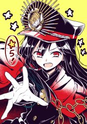 Rule 34 | 1girl, bad id, bad pixiv id, black hair, black headwear, blush, breasts, cape, chain, family crest, fate/grand order, fate (series), gloves, hat, kodamari, koha-ace, long hair, long sleeves, looking at viewer, medallion, oda nobunaga (fate), oda nobunaga (koha-ace), oda uri, open mouth, outstretched arm, peaked cap, red cape, red eyes, simple background, smile, speech bubble, star (symbol), white gloves, yellow background