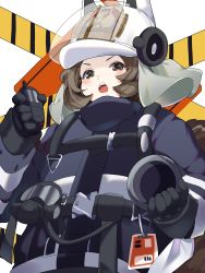 Rule 34 | 1girl, :o, animal ears, arknights, black gloves, black jacket, brown hair, firefighter, gas mask, gloves, helmet, highres, holding, jacket, long sleeves, looking at viewer, mask, open mouth, raccoon ears, raccoon girl, raccoon tail, shaw (arknights), short hair, solo, tail, upala (5467913), v-shaped eyebrows, walkie-talkie, white background
