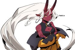 Rule 34 | akumi (yoclesh), breasts, cleavage, cleavage cutout, clip studio paint (medium), clothing cutout, colored skin, floating hair, horns, indie virtual youtuber, jacket, long hair, medium breasts, off shoulder, oni, oni horns, orange eyes, pikat, pointy ears, red skin, scar, solo, upper body, very long hair, virtual youtuber, white background, yellow jacket