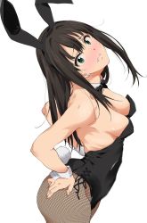 Rule 34 | 1girl, animal ears, arched back, bare shoulders, blush, bow, bowtie, breasts, brown hair, clenched teeth, detached collar, fishnet pantyhose, fishnets, green eyes, hand on ass, highres, idolmaster, idolmaster cinderella girls, leotard, long hair, pantyhose, playboy bunny, rabbit ears, rabbit tail, shibuya rin, simple background, solo, tail, teeth, wrist cuffs, yoshiki360