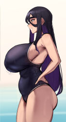 Rule 34 | 1girl, black hair, black one-piece swimsuit, blush, breasts, character request, colored inner hair, from side, grin, hand on own hip, highres, huge breasts, long hair, looking ahead, multicolored hair, one-piece swimsuit, plump, purple hair, roresu, sidelocks, smile, solo, standing, swimsuit