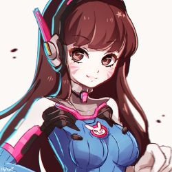 Rule 34 | 1girl, :3, animal print, armor, artist name, blurry, blush, bodysuit, breasts, brown eyes, brown hair, closed mouth, commentary request, d.va (overwatch), facepaint, facial mark, gloves, headphones, high collar, hynori, light blush, long hair, looking at viewer, overwatch, overwatch 1, pauldrons, pilot suit, rabbit print, ribbed bodysuit, shoulder armor, signature, simple background, skin tight, small breasts, smile, solo, swept bangs, upper body, whisker markings, white background, white gloves