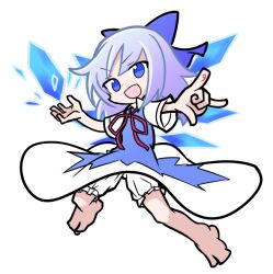 Rule 34 | 1girl, :d, bloomers, blue bow, blue dress, blue eyes, blue hair, bow, cirno, detached wings, dress, full body, hair bow, ice, ice wings, light blue hair, looking at viewer, open mouth, puyopuyo, shinmon akika, short hair, short sleeves, simple background, smile, solo, touhou, underwear, v-shaped eyebrows, white background, wings