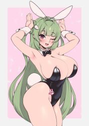 Rule 34 | 1girl, :d, animal ears, antenna hair, black bow, black bowtie, black leotard, blush, bowtie, breasts, detached collar, fake animal ears, fake tail, goddess of victory: nikke, green hair, heart antenna hair, highleg, highleg leotard, huge breasts, leotard, long hair, mole, mole on breast, one eye closed, open mouth, pink eyes, playboy bunny, rabbit ears, rabbit pose, rabbit tail, skindentation, smile, soda (nikke), soda (twinkling bunny) (nikke), solo, strapless, strapless leotard, tail, twintails, whomperfruit, wrist cuffs