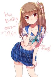 Rule 34 | 1girl, artist name, asahina momoko, black bra, blue skirt, blush, bow, bra, bra visible through clothes, brown hair, dated, girlfriend (kari), hair bow, happy birthday, highres, holding, holding clothes, holding skirt, konbu wakame, leaning forward, long hair, looking at viewer, navel, parted lips, pink bow, pleated skirt, red eyes, school uniform, see-through, serafuku, side ponytail, signature, simple background, skirt, solo, standing, underwear, wet, wet clothes, white background