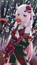 Rule 34 | 1girl, bell, black kimono, blurry, blurry background, collarbone, covering own mouth, cowboy shot, dutch angle, flower, flower knot, gradient hair, hair bell, hair ornament, highres, holding, holding flower, hololive, horns, japanese clothes, katana, kimono, long hair, looking at viewer, mask, mask on head, multicolored hair, nakiri ayame, nakiri ayame (1st costume), off shoulder, oni mask, outdoors, red eyes, red hair, red shirt, sash, sheath, sheathed, shirt, short kimono, silver hair, skin-covered horns, solo, sword, syannsyunnhuxoi, tree, virtual youtuber, weapon, wide sleeves