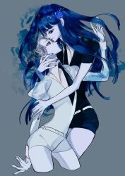Rule 34 | 2others, androgynous, blue hair, blunt bangs, cairngorm (houseki no kuni), collared shirt, colored skin, eye contact, frown, grey hair, groin, hand in another&#039;s hair, hand on another&#039;s arm, hand up, highres, houseki no kuni, hug, lapis lazuli (houseki no kuni), light smile, long hair, looking at another, marino (oyasumi), multiple others, necktie, parted hair, puffy sleeves, shirt, short hair, short shorts, shorts, smile, straight hair, thighs, very short hair, white skin, wide hips