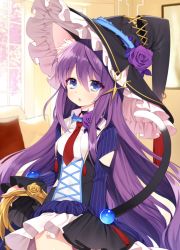 Rule 34 | 1girl, :o, animal ear fluff, animal ears, black hat, blue eyes, breasts, byulzzi, cat ears, cat girl, cat tail, choker, coat, cowboy shot, flower, hair between eyes, hat, holding, long hair, long sleeves, looking at viewer, necktie, original, parted lips, purple hair, red necktie, rose, shirt, short necktie, skirt, small breasts, solo, striped, tail, tassel, very long hair, white shirt, white skirt, witch hat