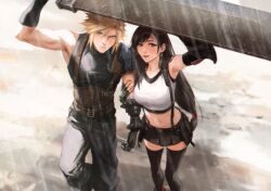 Rule 34 | 1boy, 1girl, arm up, armor, armpits, baggy pants, bare shoulders, belt, belt buckle, black gloves, black hair, black skirt, black sports bra, black thighhighs, blonde hair, blue eyes, blush, breasts, buckle, buster sword, closed mouth, cloud strife, couple, crop top, earrings, elbow gloves, feet out of frame, final fantasy, final fantasy vii, final fantasy vii rebirth, final fantasy vii remake, fingerless gloves, from above, gloves, hand on another&#039;s arm, highres, holding, holding another&#039;s arm, holding sword, holding weapon, huge weapon, jewelry, large breasts, long hair, looking at viewer, looking up, low-tied long hair, materia, midriff, multiple belts, navel, open mouth, outdoors, pants, rain, red eyes, red footwear, short hair, shoulder armor, single arm guard, single bare shoulder, single earring, single sidelock, skirt, sleeveless, sleeveless turtleneck, spiked hair, sports bra, spykeee, standing, suspender skirt, suspenders, sweater, swept bangs, sword, tank top, thighhighs, tifa lockhart, turtleneck, turtleneck sweater, twitter username, very long hair, watermark, weapon, white tank top, zettai ryouiki