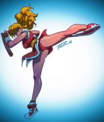 Rule 34 | 1girl, blonde hair, breasts, capcom, capcom vs snk 2, final fight, full body, genryuusai maki, image sample, kicking, large breasts, long hair, motion blur, ninja, pelvic curtain, ponytail, robaato, shoes, sneakers, solo, standing, standing on one leg, street fighter, tonfa, upskirt, weapon