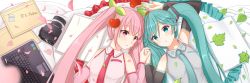 Rule 34 | 2girls, ahoge, alternate color, bare shoulders, blue eyes, blue hair, blush, breasts, camera, cherry, cherry blossoms, cleavage, computer, detached sleeves, falling leaves, falling petals, food, frilled pillow, frills, fruit, hair between eyes, hair ornament, hatsune miku, laptop, leaf, long hair, long image, looking at viewer, looking to the side, lying, multiple girls, necktie, open mouth, petals, pillow, pink eyes, pink hair, sakura miku, shirt, signature, tsukiko neko, twintails, very long hair, vocaloid, wide image