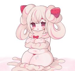Rule 34 | 1girl, alcremie, alcremie (strawberry sweet), alcremie (vanilla cream), aliceyawnin, arms behind back, belly, blush, bow, bowtie, breasts, chromatic aberration, cleavage, closed mouth, colored skin, cream, creatures (company), crossed bangs, female focus, food, food-themed hair ornament, food on body, food on face, fruit, full body, game freak, gen 8 pokemon, hair ornament, hair rings, heart, heart in eye, highres, jpeg artifacts, kneeling, large breasts, long hair, looking at viewer, multicolored hair, navel, nintendo, personification, pink hair, plump, pokemon, pokemon (creature), red bow, red bowtie, red eyes, seiza, shiny skin, sidelocks, simple background, sitting, solo, strawberry, strawberry hair ornament, streaked hair, symbol in eye, thick thighs, thighs, tongue, tongue out, two-tone hair, white background, white hair, white skin