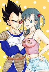 Rule 34 | 1boy, 1girl, :q, alice kei (lemon-jiru), annoyed, aqua hair, armor, bad id, bad pixiv id, bare arms, bare shoulders, black eyes, black hair, blue eyes, blue hair, breasts, bulma, camisole, character name, cleavage, clenched teeth, clothes writing, couple, cowboy shot, crossed arms, cutoffs, denim, denim shorts, dragon ball, dragonball z, earrings, faux traditional media, hair bobbles, hair ornament, hand on another&#039;s shoulder, hand on own hip, jewelry, linea alba, looking at another, looking at viewer, medium breasts, midriff, navel, no bra, one side up, pink shirt, polka dot, polka dot background, saiyan armor, scouter, shirt, shorts, side ponytail, spiked hair, standing, sweatdrop, tail, teeth, tongue, tongue out, vegeta, widow&#039;s peak, yellow background