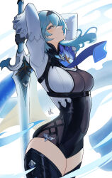 Rule 34 | 1girl, arms up, asymmetrical hair, black gloves, black hairband, black thighhighs, blue hair, blue necktie, bodystocking, breasts, closed mouth, distr, eula (genshin impact), floating hair, from side, genshin impact, gloves, hairband, highres, holding, holding sword, holding weapon, large breasts, legs together, leotard, long sleeves, looking at viewer, looking to the side, medium hair, navel, necktie, parted lips, purple eyes, signature, skindentation, solo, song of broken pines (genshin impact), sword, thighhighs, thighs, weapon