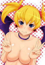 Rule 34 | 1girl, aq interactive, arcana heart, atlus, bat wings, blonde hair, blue eyes, blush, breasts, choker, collar, collarbone, demon girl, demon wings, double v, earrings, examu, fang, fangs, female focus, jewelry, large breasts, lilica felchenerow, nude, polka dot, solo, tomatto (@ma!), topless frame, twintails, upper body, v, wings