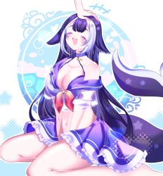 Rule 34 | 1girl, absurdres, animal ears, belt collar, bianca lattei, bikini, bikini under clothes, black hair, blue collar, blue skirt, blush, breasts, cetacean tail, cleavage, closed eyes, collar, commentary, english commentary, fins, fish tail, halterneck, headpat, highres, indie virtual youtuber, large breasts, multicolored hair, navel, off shoulder, open mouth, orca girl, school uniform, see-through, see-through shirt, serafuku, shirt, shylily, shylily (1st costume), skirt, streaked hair, swimsuit, swimsuit under clothes, tail, virtual youtuber, white hair, white shirt