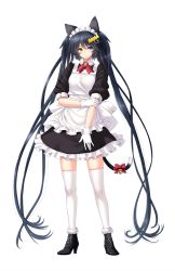Rule 34 | 1girl, animal ears, blue hair, boots, breasts, cat ears, feet, full body, game cg, gloves, hair ornament, hairclip, hayama kazusa, heterochromia, highres, hime jiru, legs, long hair, looking at viewer, maid, maid headdress, serious, simple background, skirt, solo, standing, tail, thighhighs, thighs, twintails, very long hair