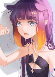 Rule 34 | 1girl, absurdres, animal ears, bare shoulders, blue eyes, breasts, cleavage cutout, clothing cutout, commentary, dress, english commentary, eyelashes, fang, gradient hair, headpiece, highres, holding, holding own hair, hololive, hololive english, long hair, looking at viewer, mole, mole under eye, multicolored hair, ninomae ina&#039;nis, open mouth, orange hair, pointy ears, purple hair, rianya07, shadow, simple background, small breasts, solo, strapless, strapless dress, tentacle hair, tube dress, two-tone hair, upper body, virtual youtuber, white background