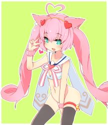 Rule 34 | 10s, 1girl, animal ears, bell, black thighhighs, blue eyes, bottomless, breasts, cat ears, cleavage, cleavage cutout, clothing cutout, covering privates, covering crotch, crop top, fang, highres, jingle bell, long hair, navel, no tail, open mouth, rosia (show by rock!!), show by rock!!, sleeveless, smile, solo, teranekosu, thigh strap, thighhighs, twintails, v, very long hair