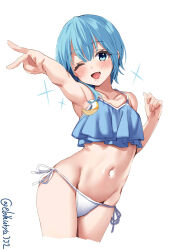 Rule 34 | 1girl, armpits, bad hands, bikini, blue eyes, blue hair, blush, breasts, collarbone, cowboy shot, cropped legs, ebifurya, fang, hair between eyes, highres, kantai collection, looking at viewer, minazuki (kancolle), navel, one-hour drawing challenge, one eye closed, open mouth, short hair with long locks, side-tie bikini bottom, simple background, small breasts, solo, swimsuit, thighs, twitter username, v, white background