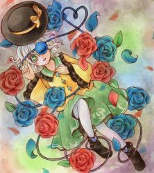 Rule 34 | 1girl, ankle boots, aqua hair, blouse, blue flower, blue rose, boots, flower, frilled sleeves, frills, gradient background, green eyes, hand on own chest, hat, unworn hat, hat ribbon, unworn headwear, heart, heart of string, io (maryann blue), io (pixiv21347802), knee up, komeiji koishi, long sleeves, looking at viewer, lying, marker (medium), millipen (medium), multicolored background, on back, one eye covered, open mouth, painting (medium), pantyhose, petals, red flower, red rose, ribbon, rose, shirt, short hair, skirt, solo, third eye, touhou, traditional media, watercolor (medium), white pantyhose