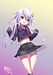 Rule 34 | 10s, 1girl, black serafuku, black skirt, blue eyes, chestnut mouth, cowboy shot, crescent, crescent hair ornament, gradient background, hair ornament, kantai collection, long sleeves, looking at viewer, midriff, pleated skirt, purple hair, school uniform, serafuku, short hair, short hair with long locks, shungikuten, skirt, solo, standing, yayoi (kancolle)
