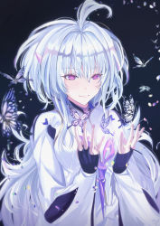 Rule 34 | 1girl, ahoge, black background, black gloves, breasts, bug, butterfly, closed mouth, commentary request, fate/grand order, fate/grand order arcade, fate/prototype, fate (series), fingerless gloves, gloves, hair between eyes, highres, insect, long hair, looking down, merlin (fate/prototype), merlin (fate/prototype) (second ascension), neko daruma, petals, pink eyes, purple butterfly, robe, sidelocks, silver hair, smile, solo, very long hair, white robe