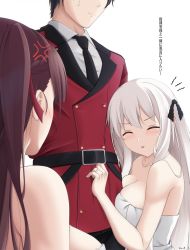 Rule 34 | 1boy, 2girls, :p, ^ ^, anger vein, bare shoulders, belt, black belt, black neckwear, blush, breasts, check translation, closed eyes, collarbone, commander (girls&#039; frontline), commentary, dress, girls&#039; frontline, griffin &amp; kryuger military uniform, hair between eyes, hair ribbon, head out of frame, highres, hug, husband and wives, jacket, jewelry, kar98k (girls&#039; frontline), keenh, large breasts, long hair, multiple girls, necktie, one side up, purple hair, red jacket, ribbon, ring, simple background, strapless, strapless dress, sweat, tongue, tongue out, translation request, upper body, very long hair, wa2000 (girls&#039; frontline), wedding band, white background, white dress, white hair