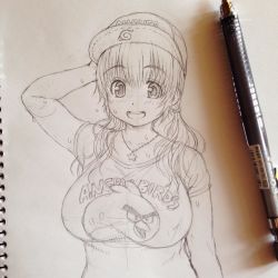 Rule 34 | 1girl, angry birds, baseball cap, blush, breasts, cameo, graphite (medium), hat, headphones, huge breasts, looking at viewer, monochrome, naruto, naruto (series), nitroplus, open mouth, plump, red (angry birds), short hair, sketchbook, smile, solo, super pochaco, sweat, traditional media, tsuji santa, twintails