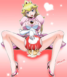 Rule 34 | 1girl, blush, breasts, colorized, crown, dress, elbow gloves, gloves, high heels, large breasts, legs, long hair, long legs, mario (series), mushroom, nintendo, open mouth, pink dress, princess, princess peach, puffy sleeves, ranka (norstrilia), sexually suggestive, shoes, sitting, solo, spread legs, suggestive fluid, super mushroom, thighs