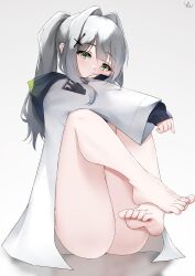 Rule 34 | 1girl, absurdres, ass, bare legs, barefoot, black hoodie, black sweater, blue archive, covering own mouth, feet, green eyes, grey hair, hair ornament, hand over own mouth, hare (blue archive), highres, hood, hooded jacket, hoodie, jacket, light blush, long hair, long sleeves, looking at viewer, on floor, ponytail, sitting, soles, sweater, toes, white jacket