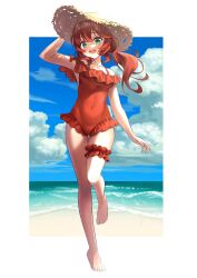 Rule 34 | 1girl, :d, absurdres, arm at side, arm up, bare arms, bare legs, bare shoulders, barefoot, beach, blue sky, breasts, bridal garter, casual one-piece swimsuit, cloud, cloudy sky, collarbone, covered navel, day, floating hair, full body, green eyes, hair between eyes, hat, highres, leg up, legs, long hair, looking at viewer, maplestory, medium breasts, ocean, one-piece swimsuit, open mouth, outdoors, oz (maplestory), red hair, red one-piece swimsuit, round teeth, sand, side ponytail, sidelocks, sky, smile, solo, standing, standing on one leg, straw hat, swimsuit, teeth, thigh gap, thighs, toenails, toes, tuyuri, upper teeth only, water, yellow hat