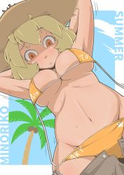 Rule 34 | 1girl, aki minoriko, armpits, arms up, bikini, blonde hair, blue sky, blush stickers, breasts, brown eyes, closed mouth, clothes writing, coconut tree, commentary request, day, dutch angle, large breasts, looking at viewer, motion lines, navel, outdoors, palm tree, raised eyebrow, ribs, short hair, side-tie bikini bottom, sky, solo, string bikini, summer, swimsuit, touhou, tree, underboob, untied bikini, wardrobe malfunction, zannen na hito
