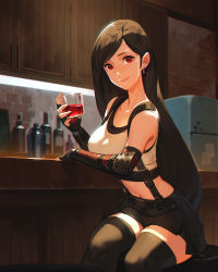 Rule 34 | 1girl, alcohol, arm guards, bar (place), bar stool, black hair, black skirt, black thighhighs, breasts, brick wall, collarbone, commentary request, counter, cup, drinking glass, earrings, elbow pads, eyelashes, feet out of frame, final fantasy, final fantasy vii, final fantasy vii remake, fingerless gloves, gloves, hand up, highres, holding, holding cup, jewelry, jiro (ninetysix), large breasts, leaning forward, long hair, looking at viewer, navel, parted bangs, red eyes, refrigerator, seventh heaven, shadow, sitting, skirt, smile, solo, sports bra, square enix, stool, suspender skirt, suspenders, tank top, tavern, thighhighs, tifa lockhart, white tank top
